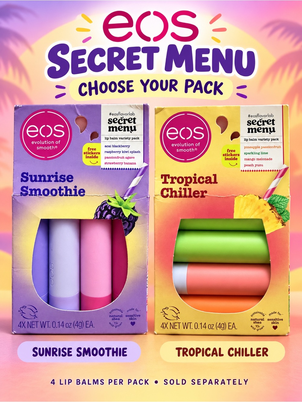eos Secret Menu Lip Balm 4-Pack – Choose Sunrise Smoothie or Tropical Chiller